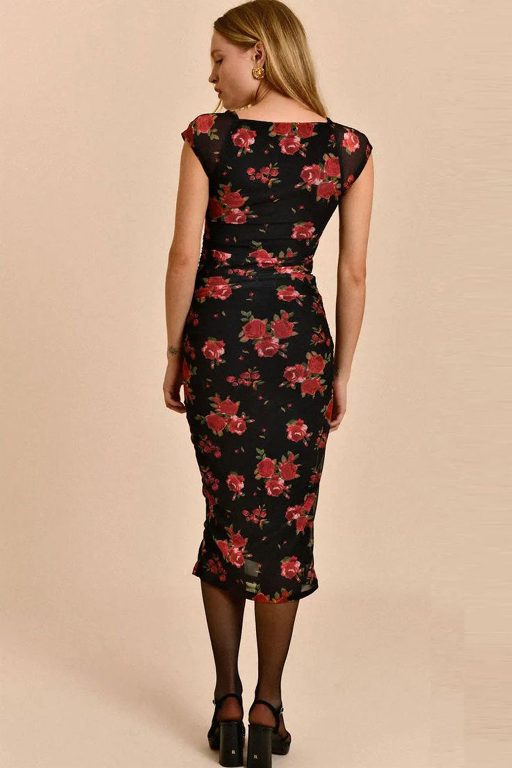 Floral Mesh Sweetheart Cap Sleeve Ruched Bodycon Midi Dress
