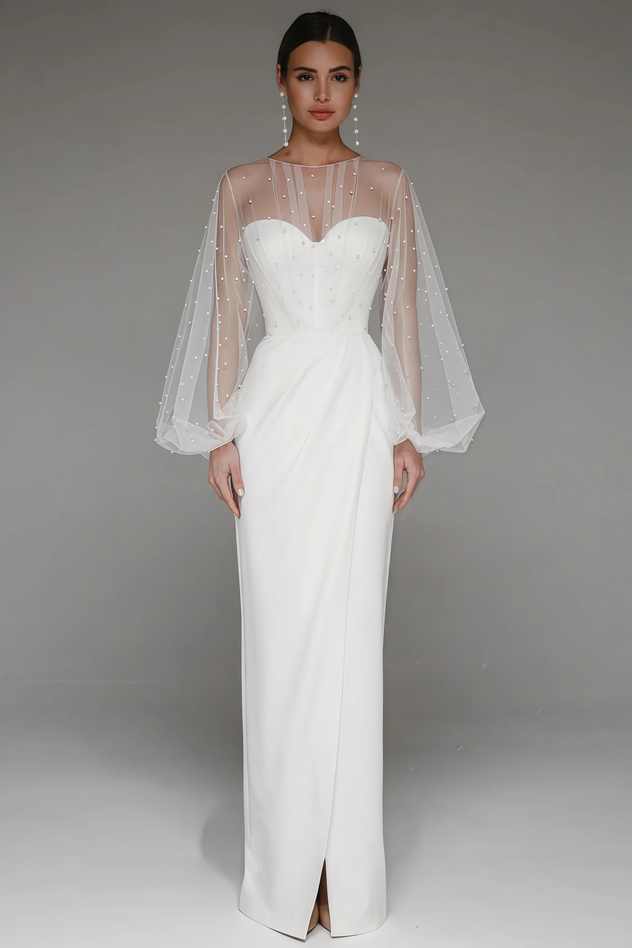 Mesh Pearl Embellished Lantern Sleeve Corset Bodice Maxi Gown