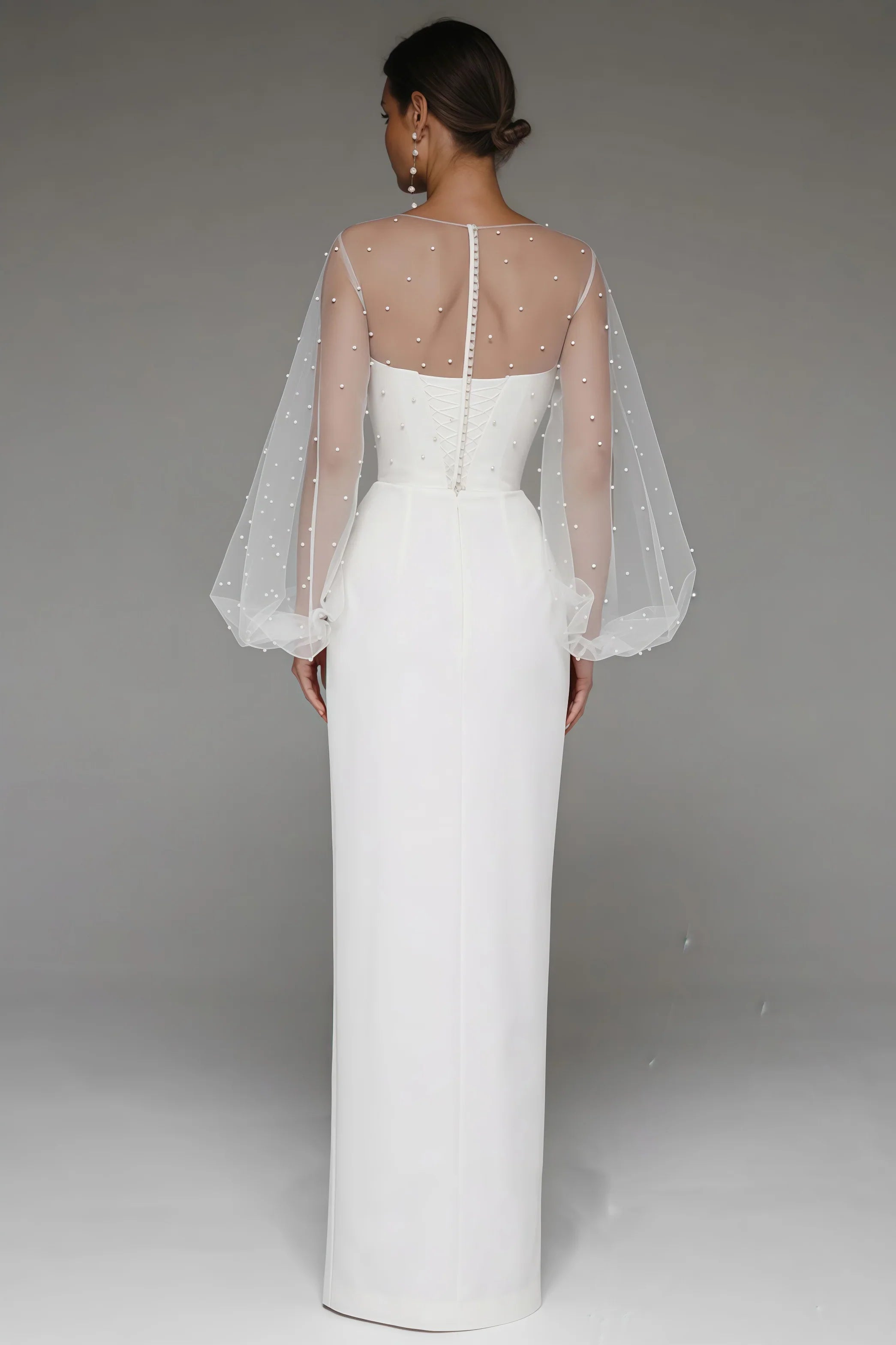 Mesh Pearl Embellished Lantern Sleeve Corset Bodice Wrap High Split Maxi Gown