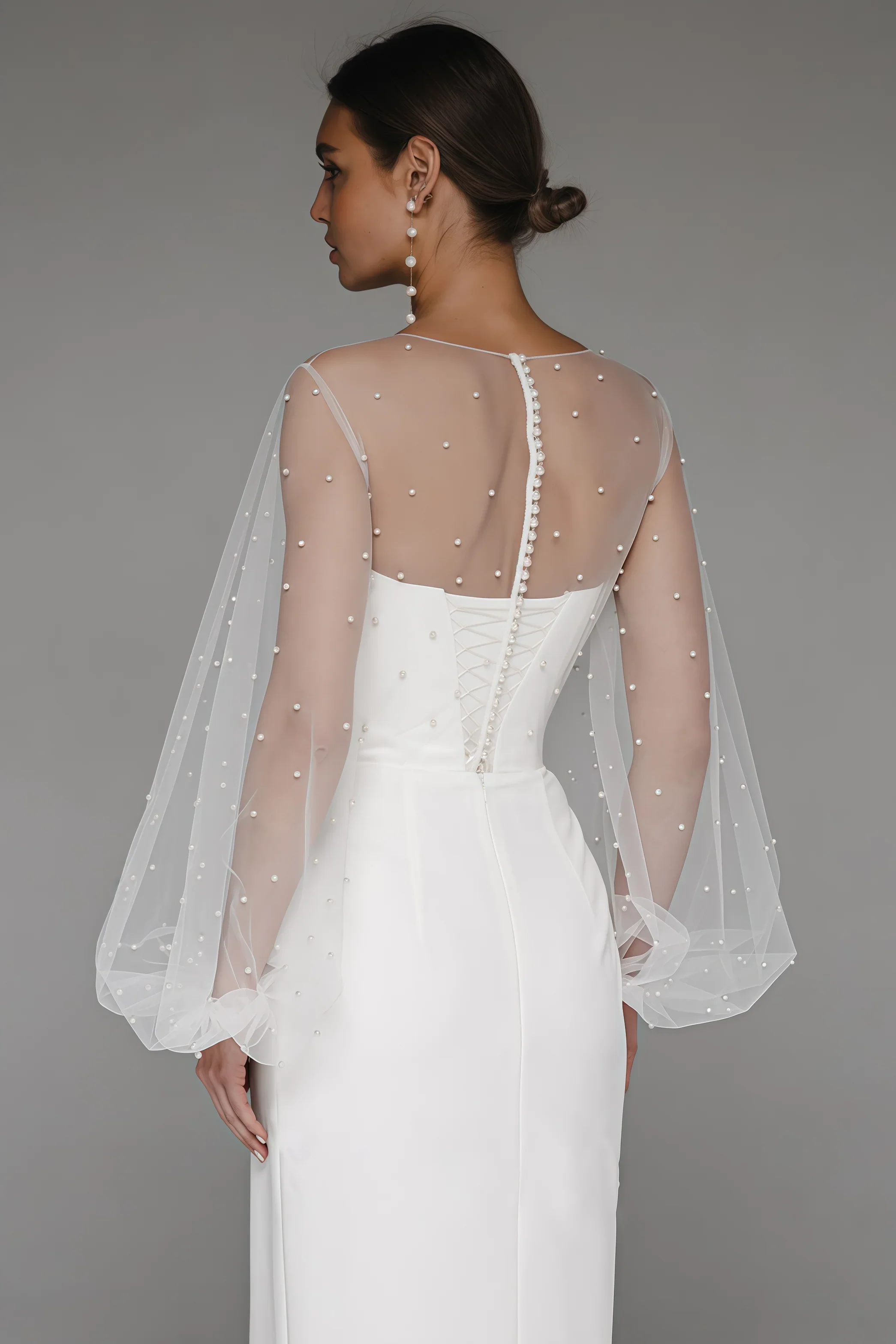 Mesh Pearl Embellished Lantern Sleeve Corset Bodice Wrap High Split Maxi Gown