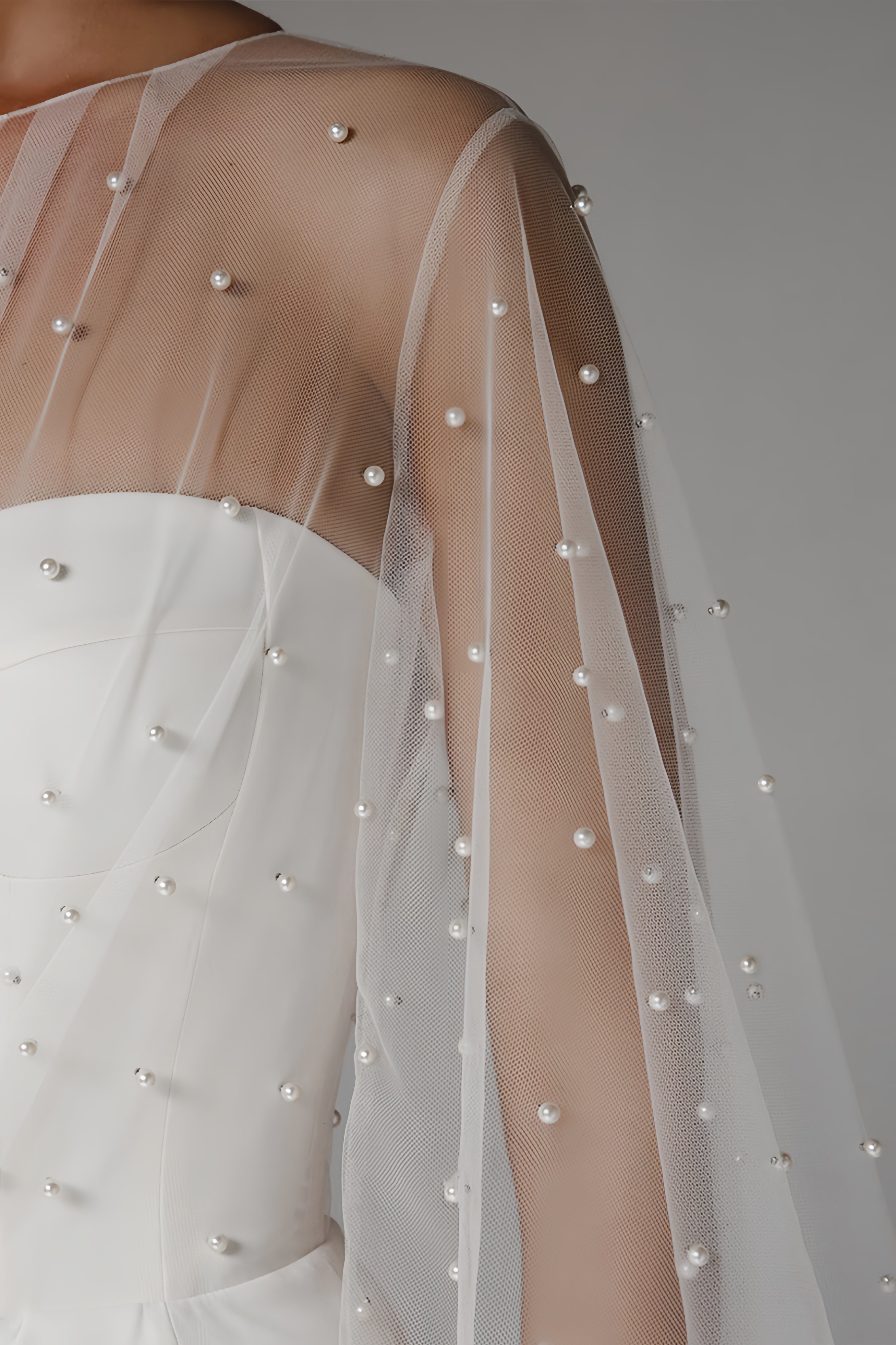 Mesh Pearl Embellished Lantern Sleeve Corset Bodice Wrap High Split Maxi Gown
