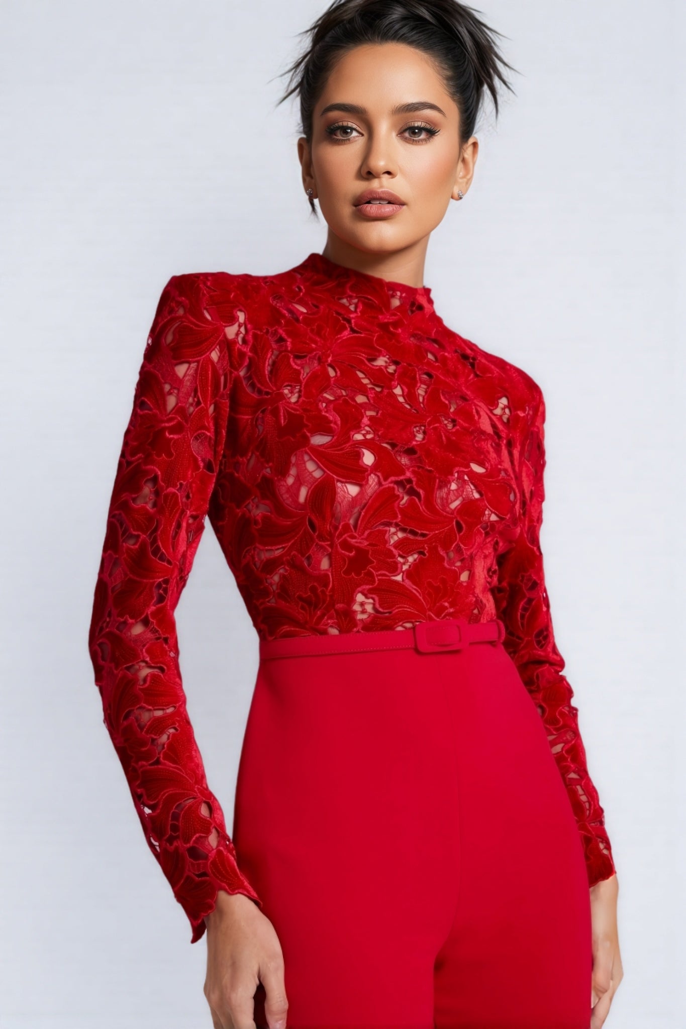 Lace Floral Embroidery Mock Neck Long Sleeve Belted Wide Leg Jumpsuit