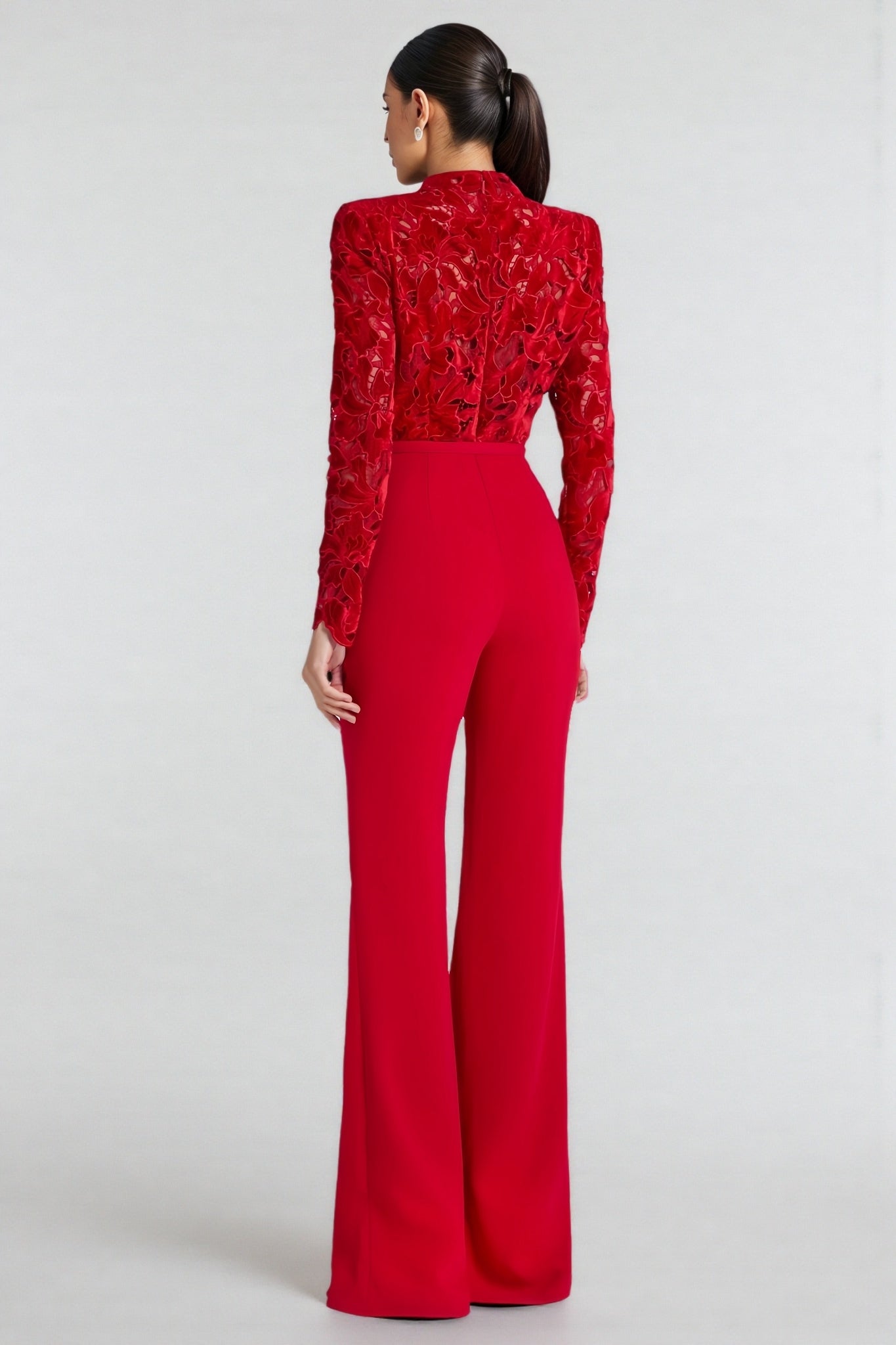 Lace Floral Embroidery Mock Neck Long Sleeve Belted Wide Leg Jumpsuit
