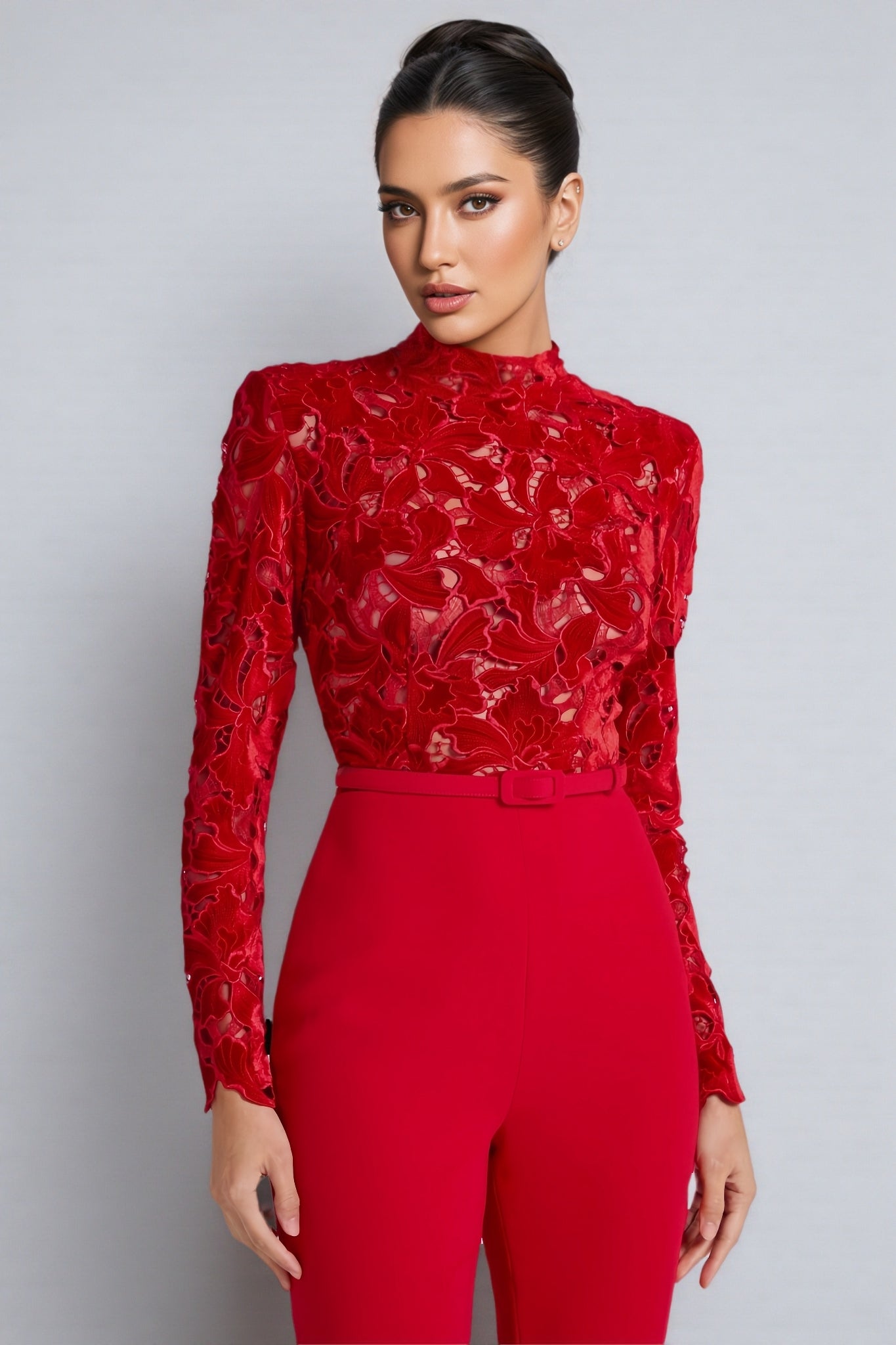 Lace Floral Embroidery Mock Neck Long Sleeve Belted Wide Leg Jumpsuit
