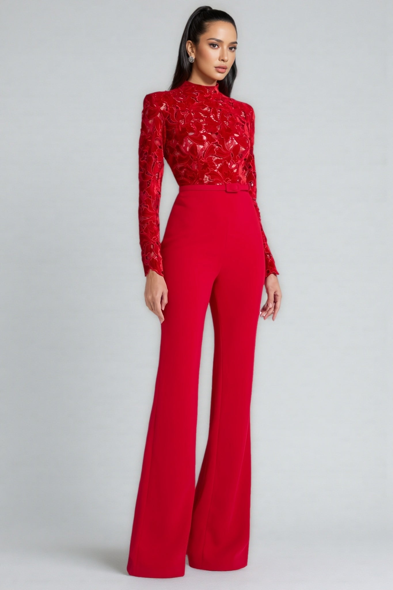 Lace Floral Embroidery Mock Neck Long Sleeve Belted Wide Leg Jumpsuit