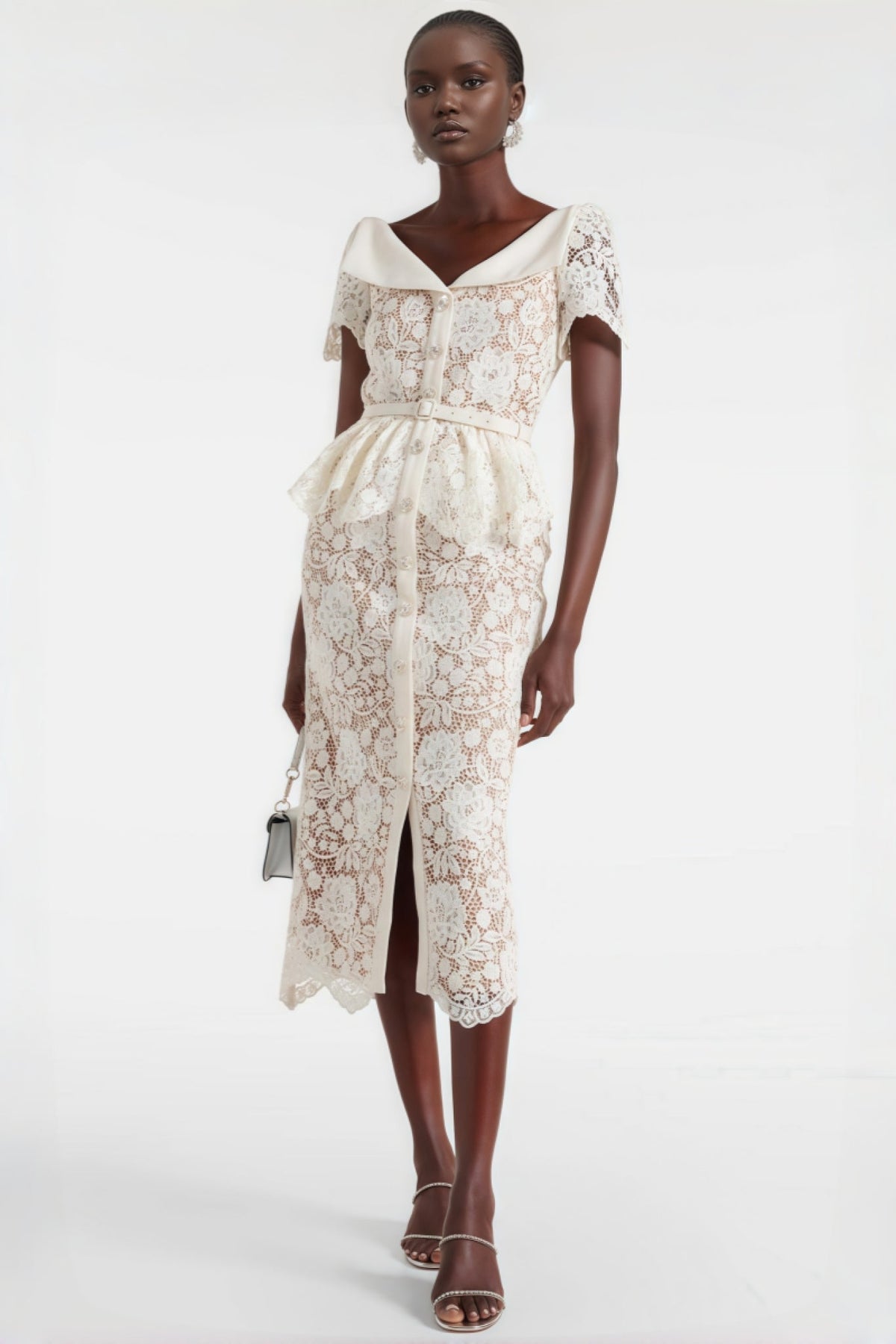 Floral Lace Wide Collar Short Sleeve Button Front Belted Peplum Midi Dress