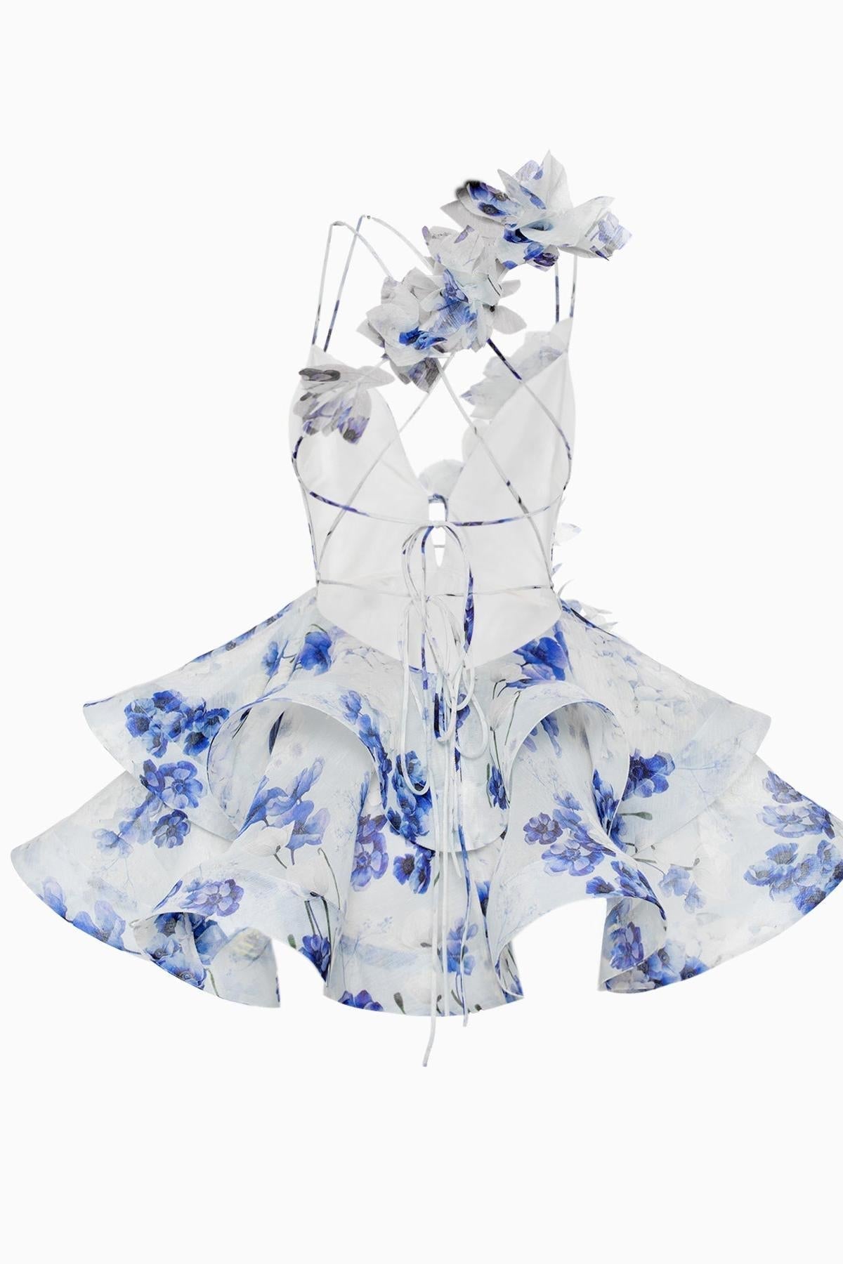 Floral Deep V-Neck 3D Flower Tiered Ruffle Mini Dress