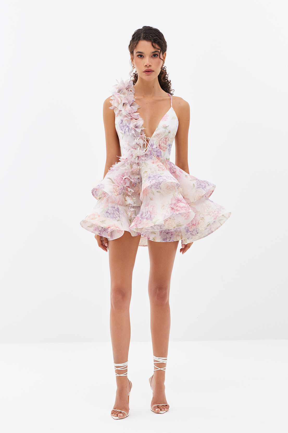 Floral Deep V-Neck 3D Flower Tiered Ruffle Mini Dress