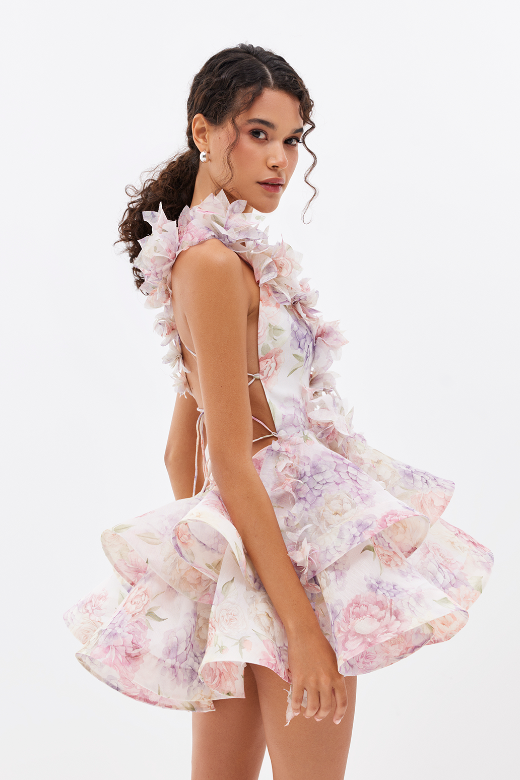 Floral Deep V-Neck 3D Flower Tiered Ruffle Mini Dress