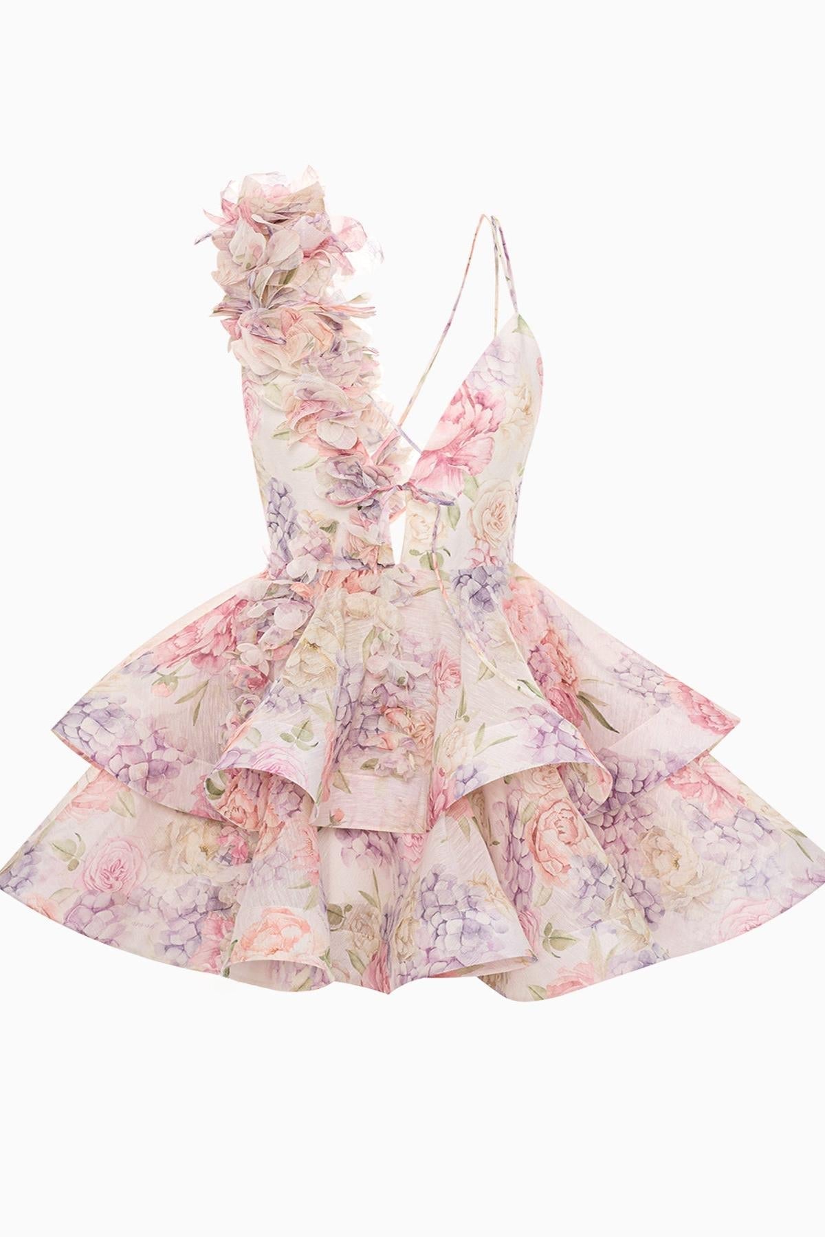 Floral Deep V-Neck 3D Flower Tiered Ruffle Mini Dress