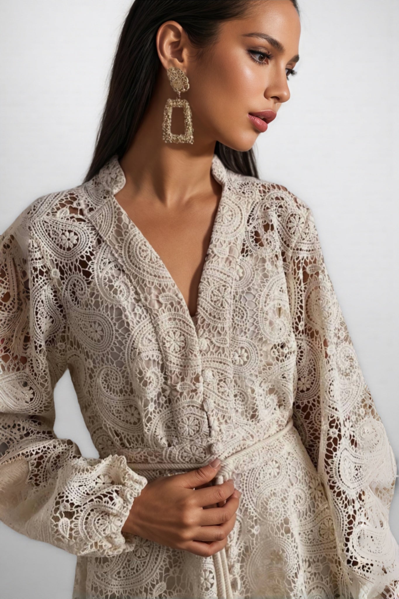 Theod Lace Lantern Sleeve Midi Dress - View 3