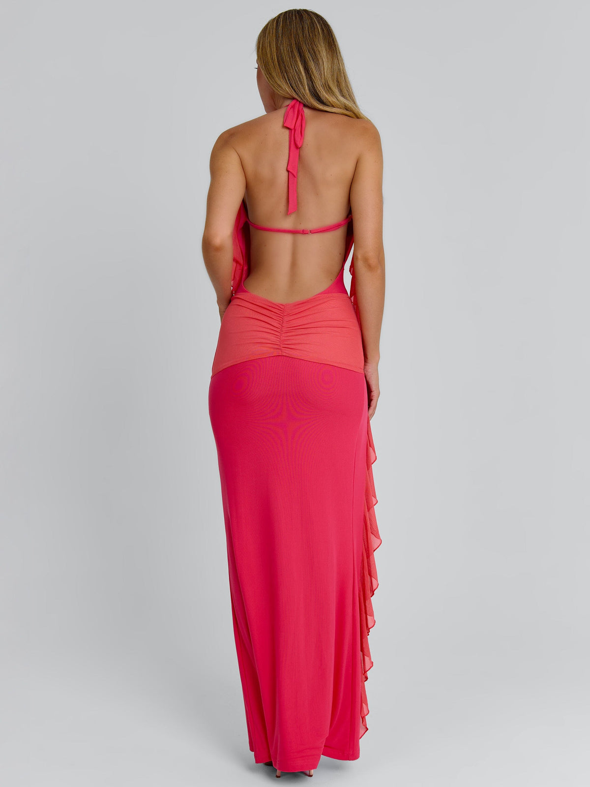 Mesh Plunge Halter Neck Ruffle Trim High Split Maxi Dress 4