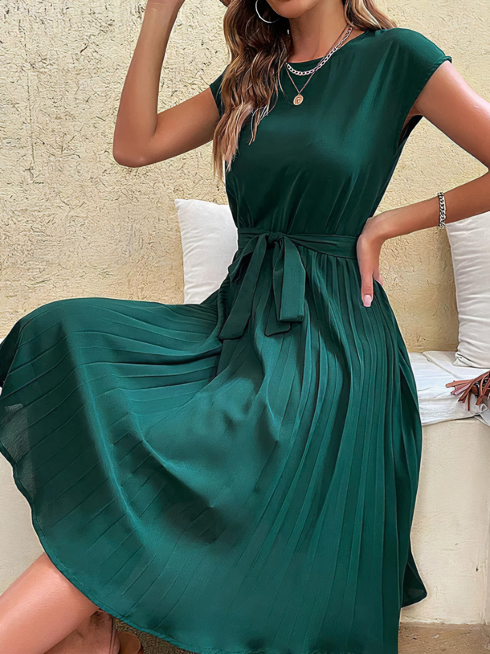 Cap Sleeve Tie Waist Pleated A-Line Midi Summer Dress
