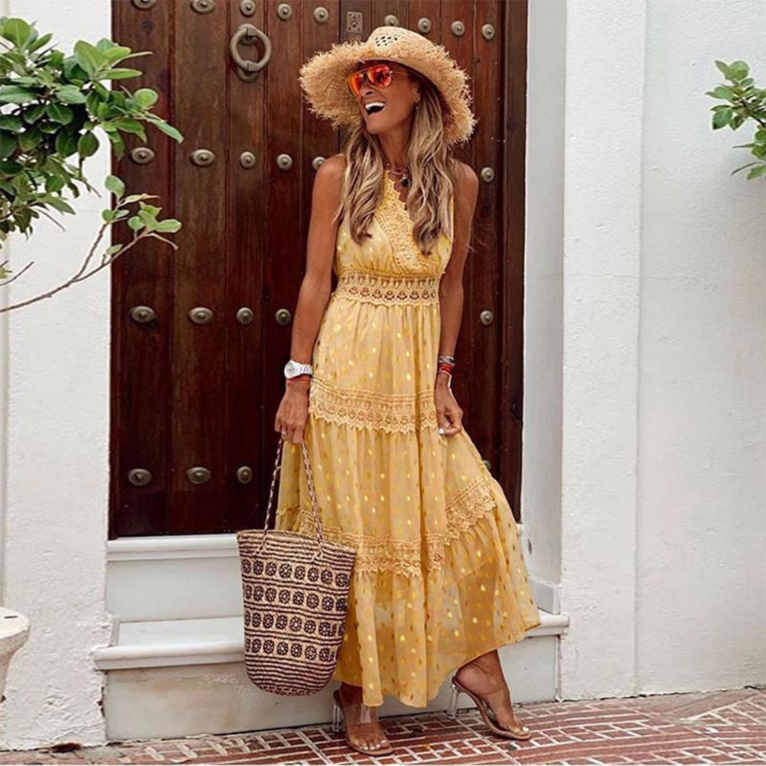 Halter V-Neck Lace Trim Tiered Boho Maxi Summer Dress