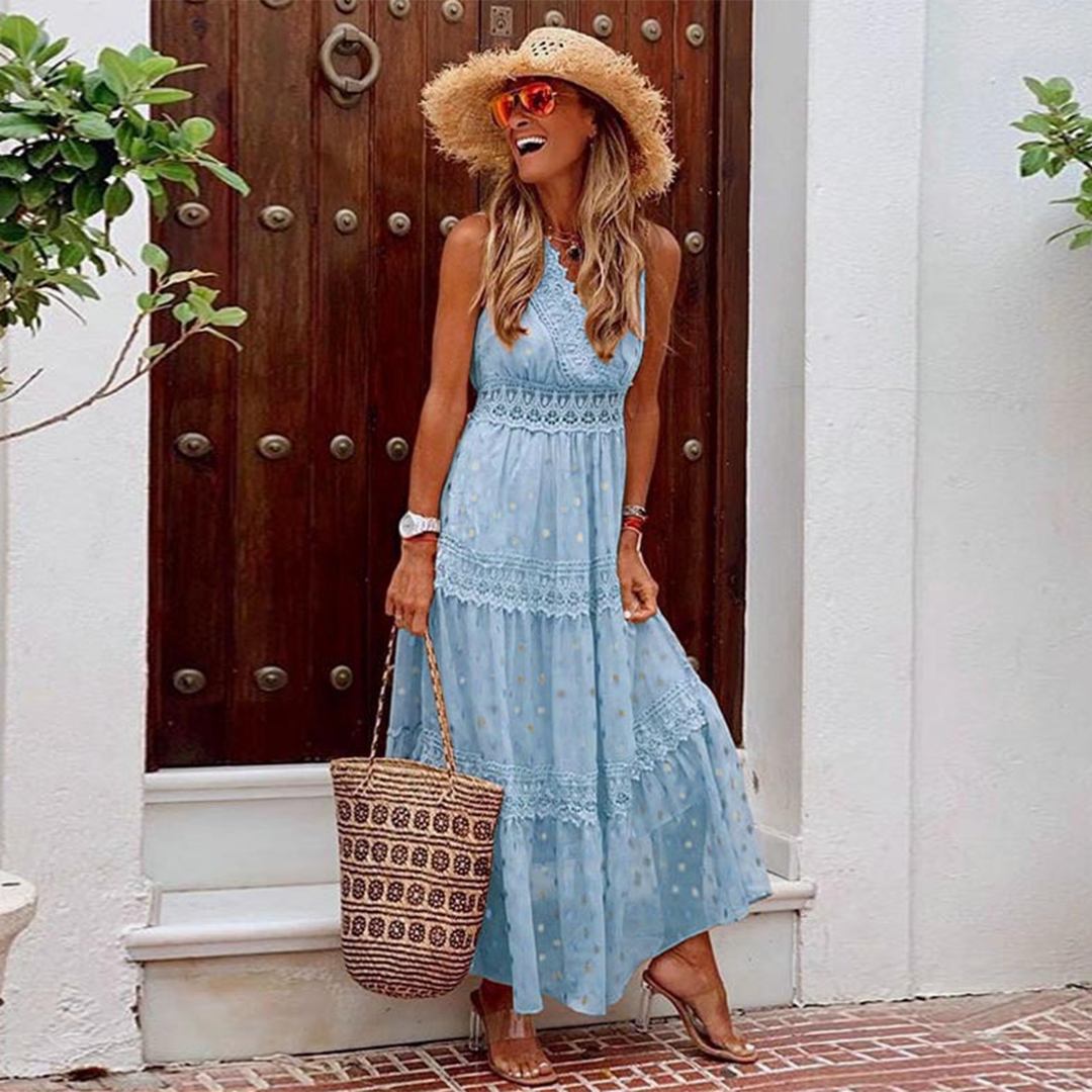 Halter V-Neck Lace Trim Tiered Boho Maxi Summer Dress