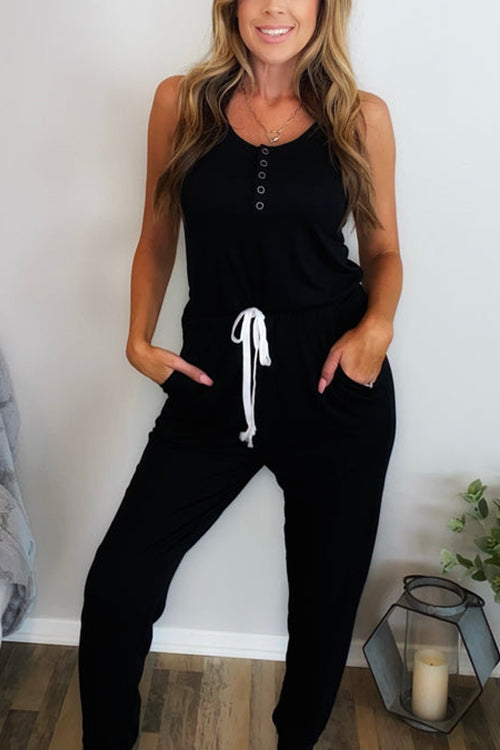 Button Sleeveless Drawstring Jumpsuits