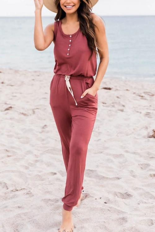 Button Sleeveless Drawstring Jumpsuits