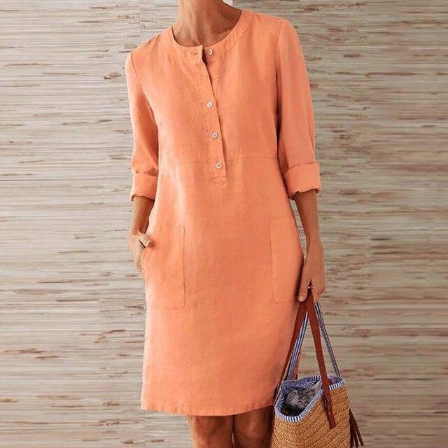 Round Neck Button Placket Patch Pocket Rolled Cuff Shift Midi Summer Dress