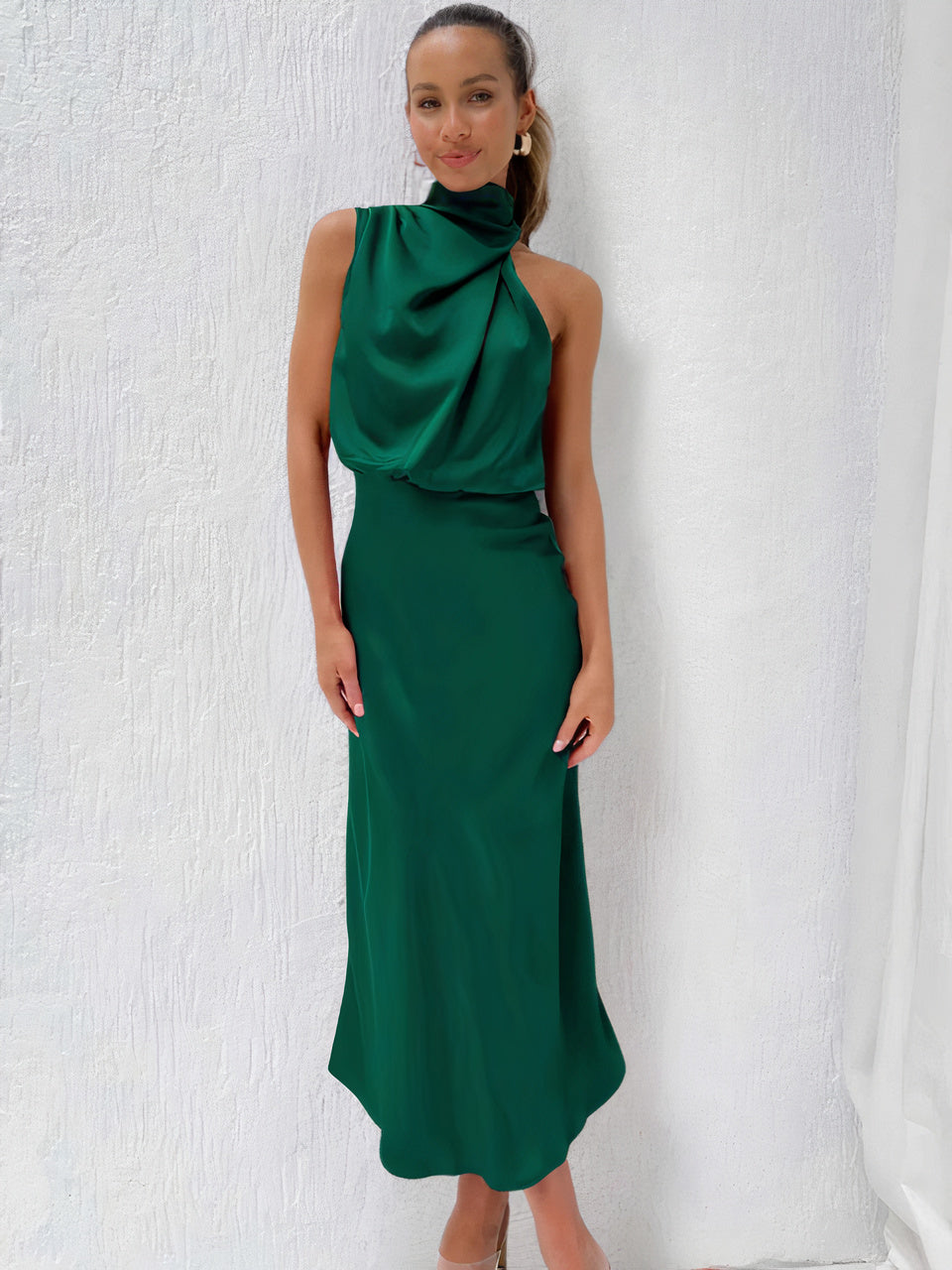 Halter Neck Draped Sleeveless Satin Midi Cocktail Dress