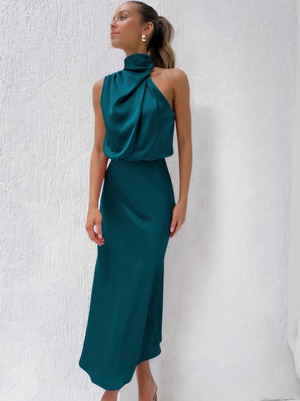 Halter Neck Draped Sleeveless Satin Midi Cocktail Dress