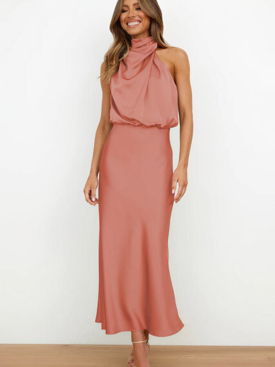 Halter Neck Draped Sleeveless Satin Midi Cocktail Dress