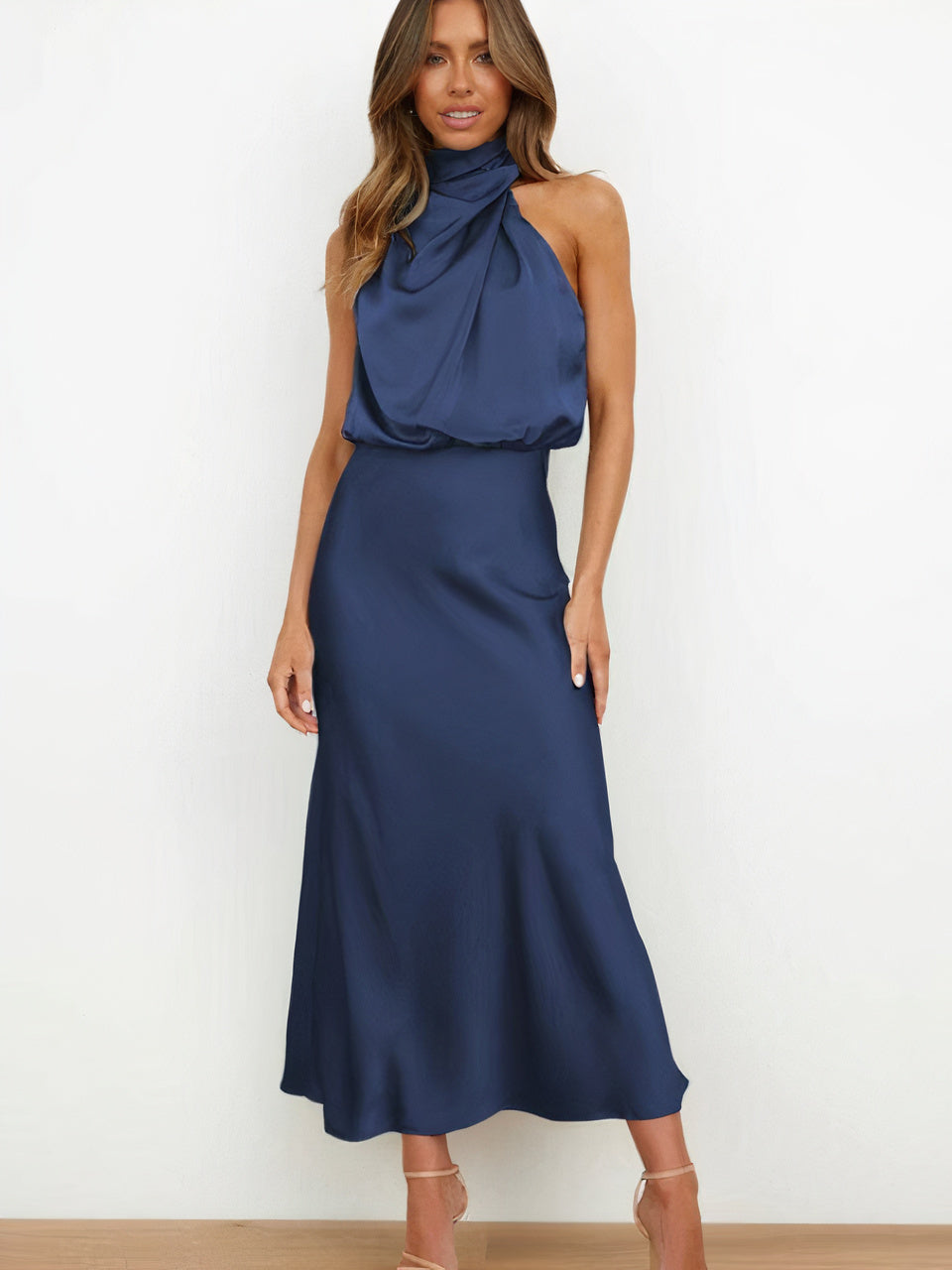Halter Neck Draped Sleeveless Satin Midi Cocktail Dress