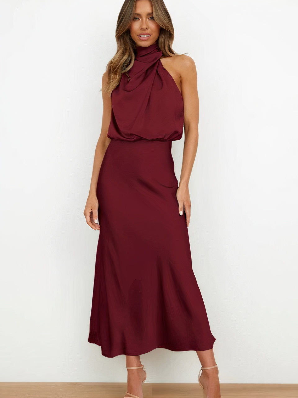 Halter Neck Draped Sleeveless Satin Midi Cocktail Dress