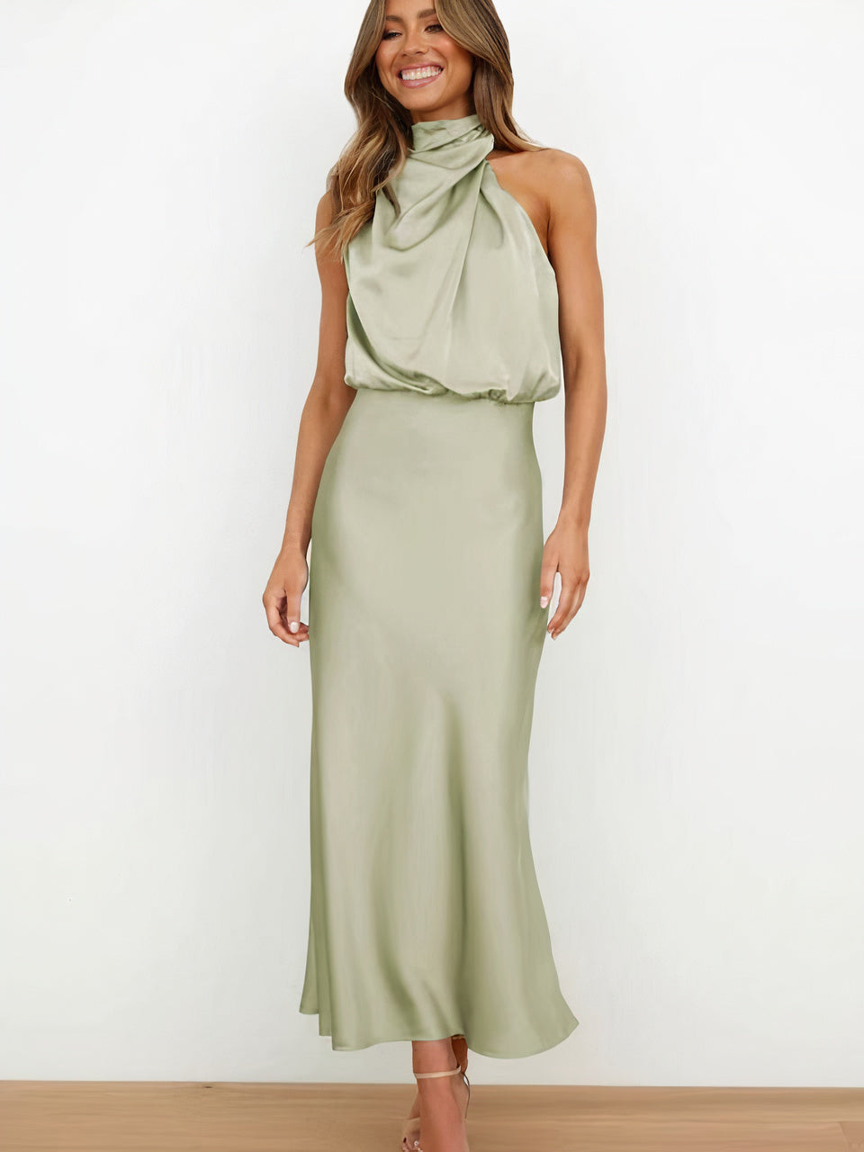 Halter Neck Draped Sleeveless Satin Midi Cocktail Dress