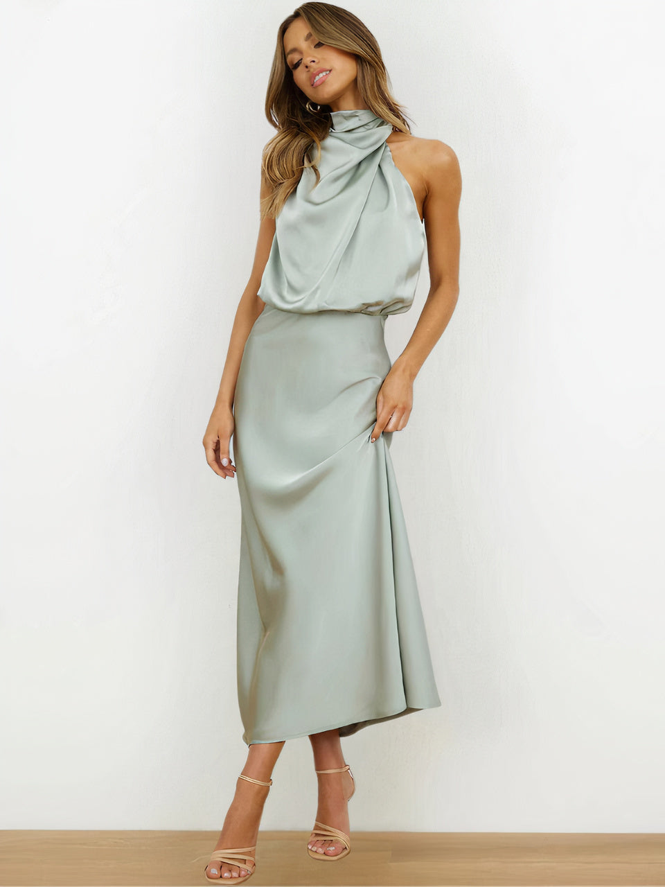 Halter Neck Draped Sleeveless Satin Midi Cocktail Dress