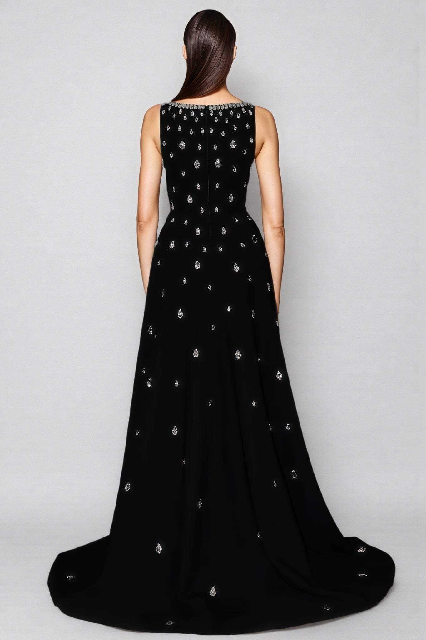 Rhinestone Cascade Embellished Scoop Neck Sleeveless Overskirt Maxi Gown