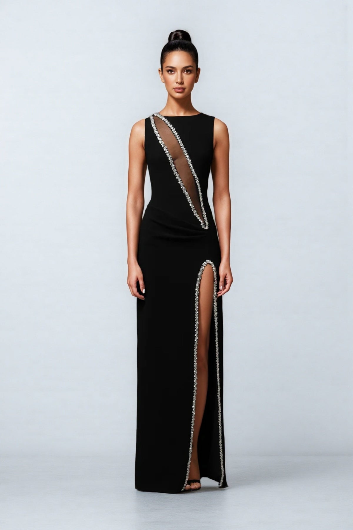 Sleeveless Mesh Insert Rhinestone Trim High Split Maxi Gown