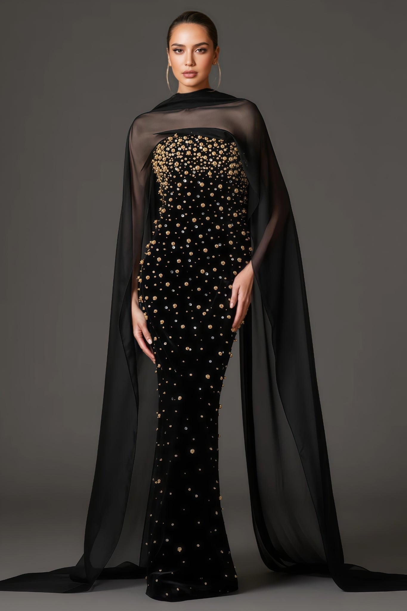 Beaded Strapless Column Sheer Cape Wrap Maxi Gown