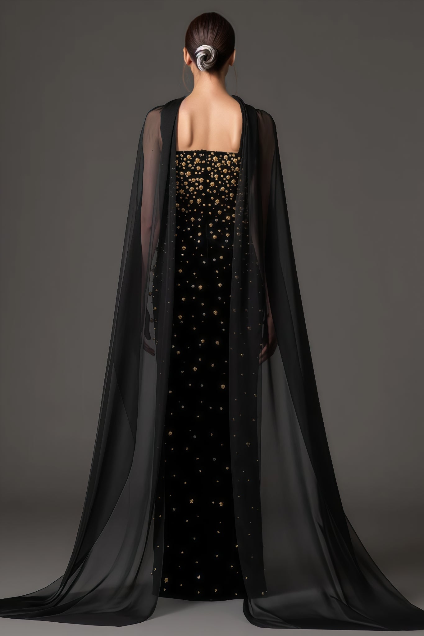 Beaded Strapless Column Sheer Cape Wrap Maxi Gown