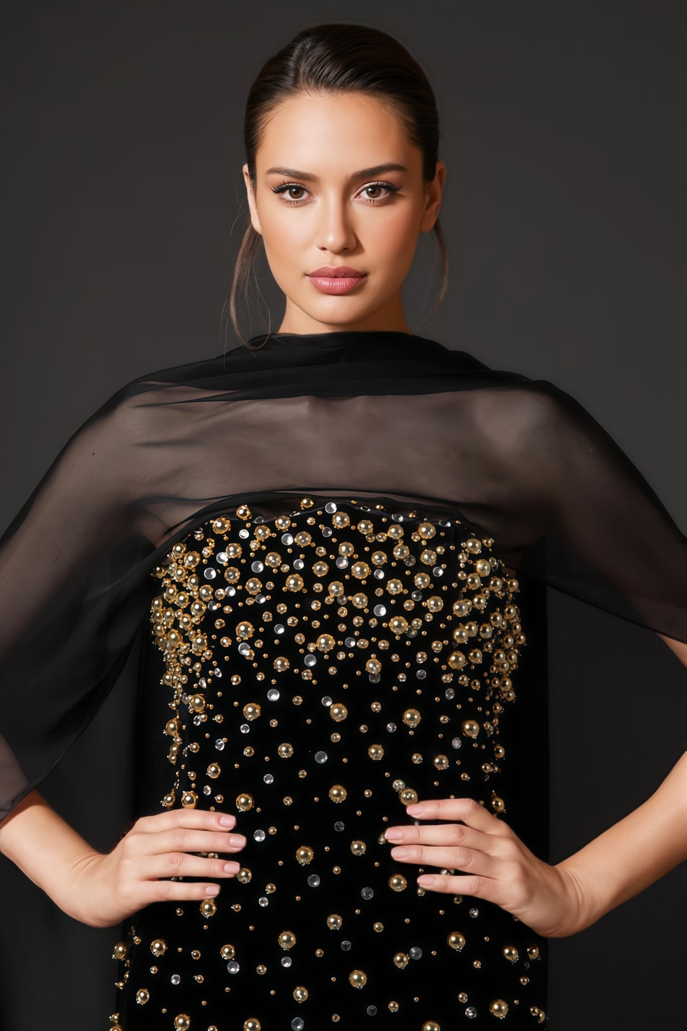 Beaded Strapless Column Sheer Cape Wrap Maxi Gown