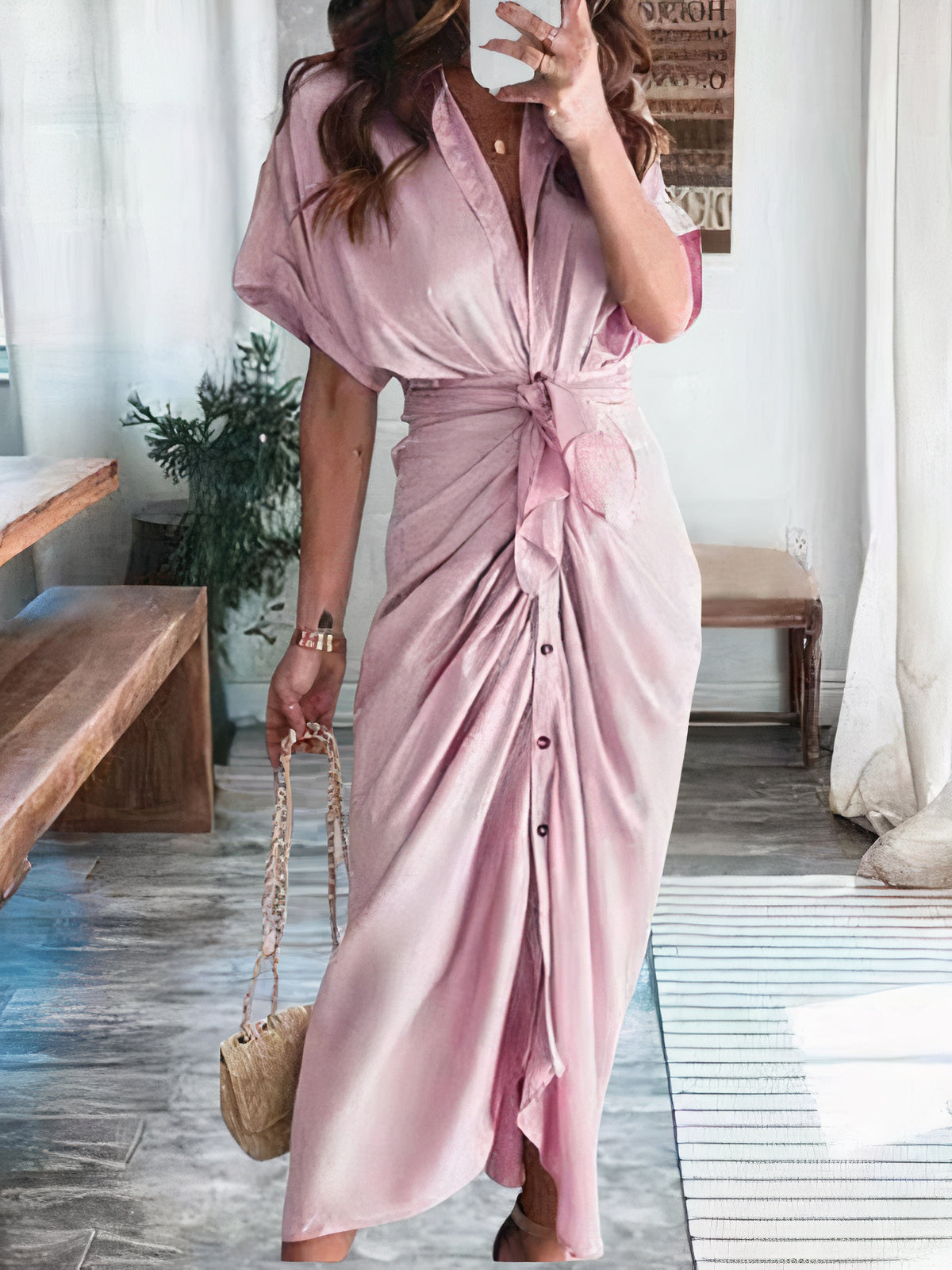 Satin Collared Short Sleeve Tie Waist Button Front Maxi Shirt Dress