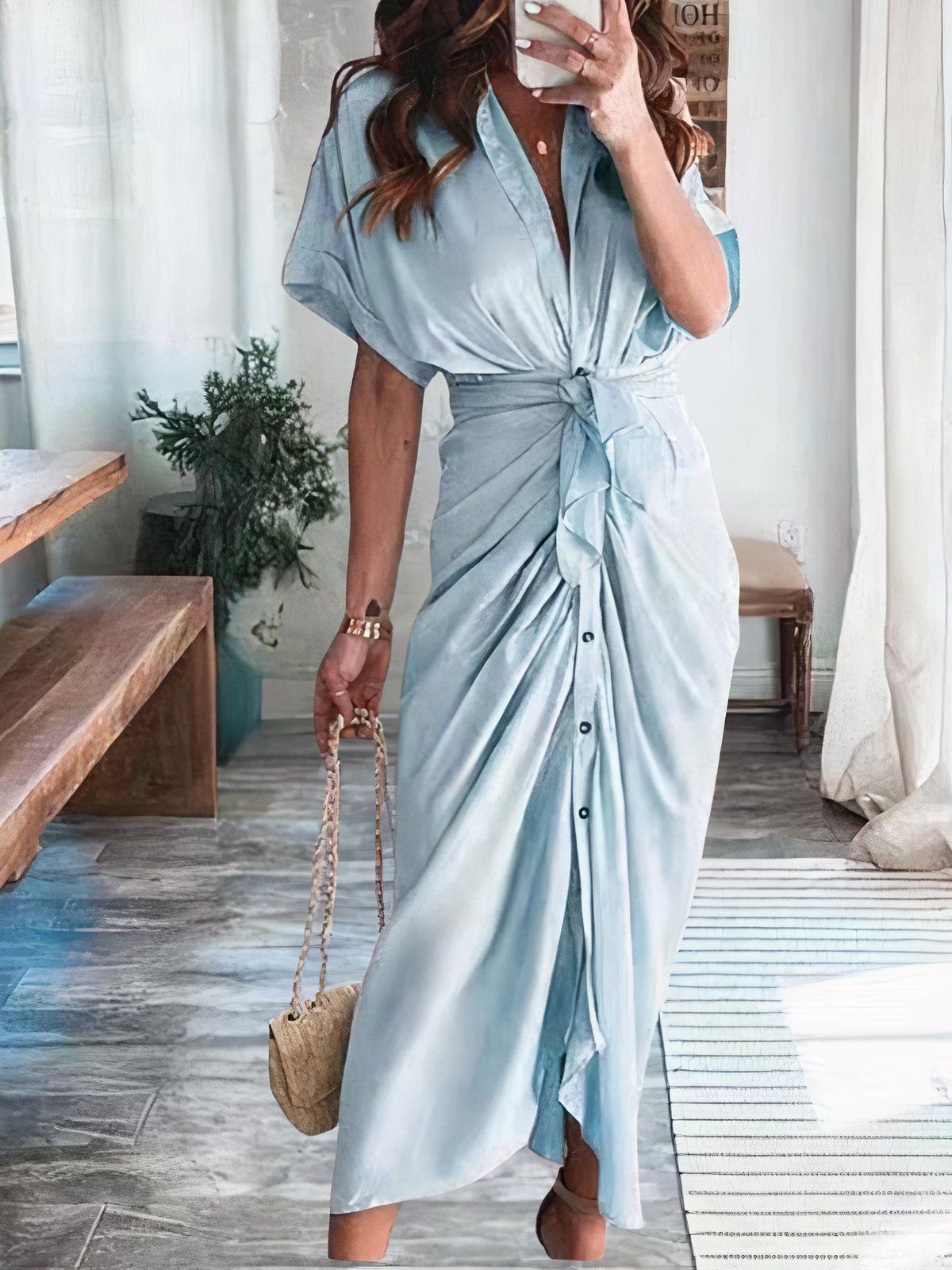 Satin Collared Short Sleeve Tie Waist Button Front Maxi Shirt Dress
