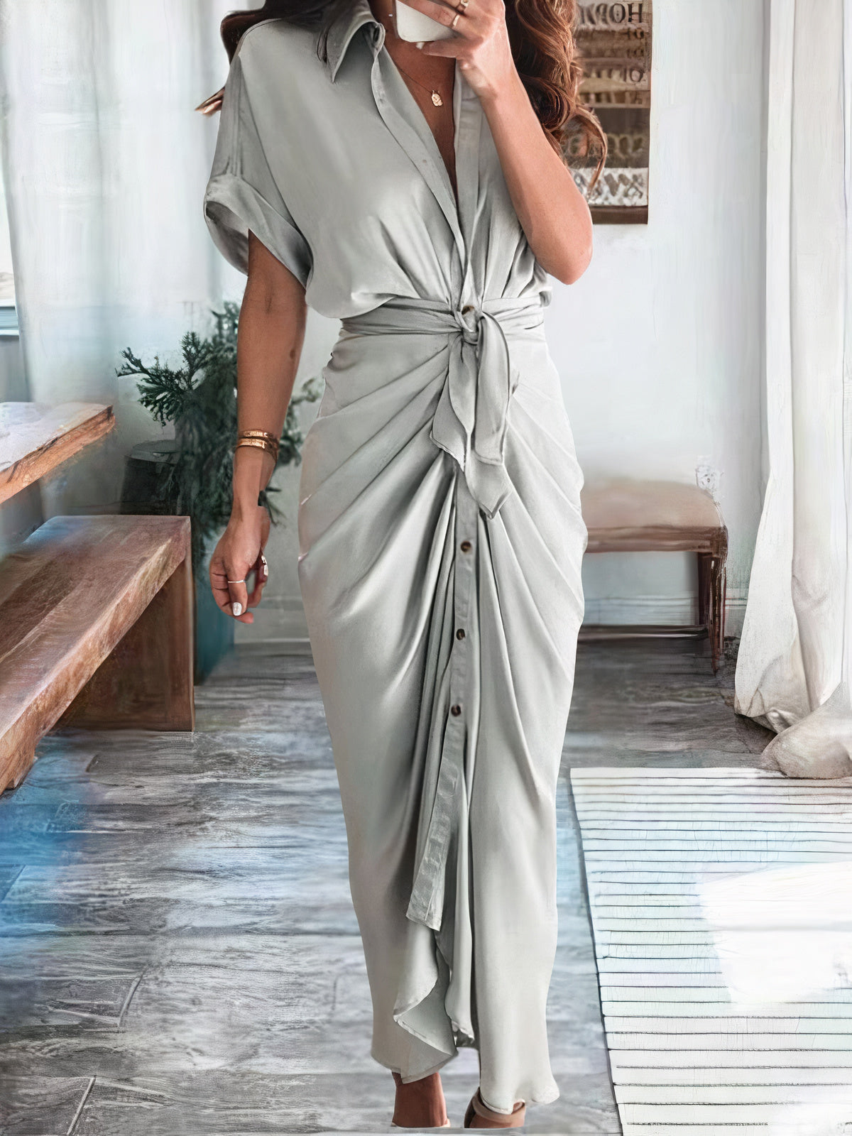 Satin Collared Short Sleeve Tie Waist Button Front Maxi Shirt Dress
