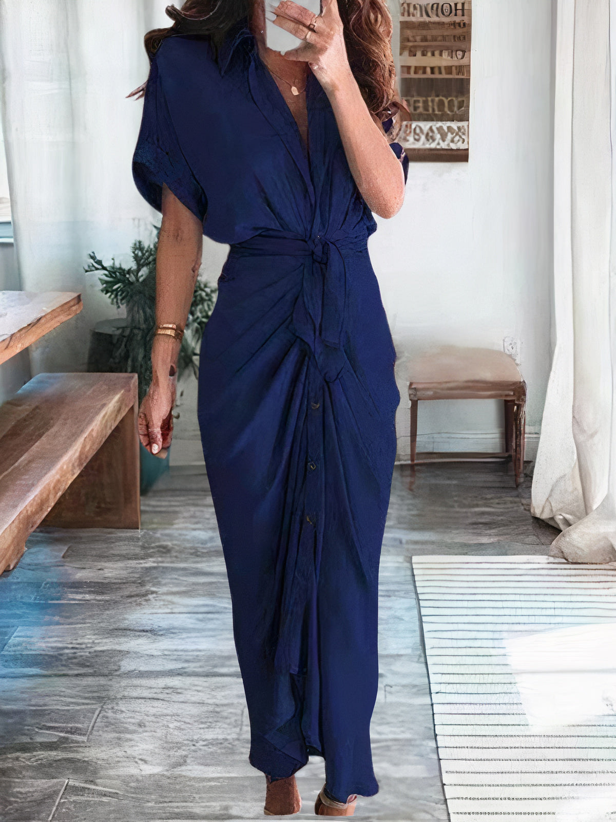 Satin Collared Short Sleeve Tie Waist Button Front Maxi Shirt Dress