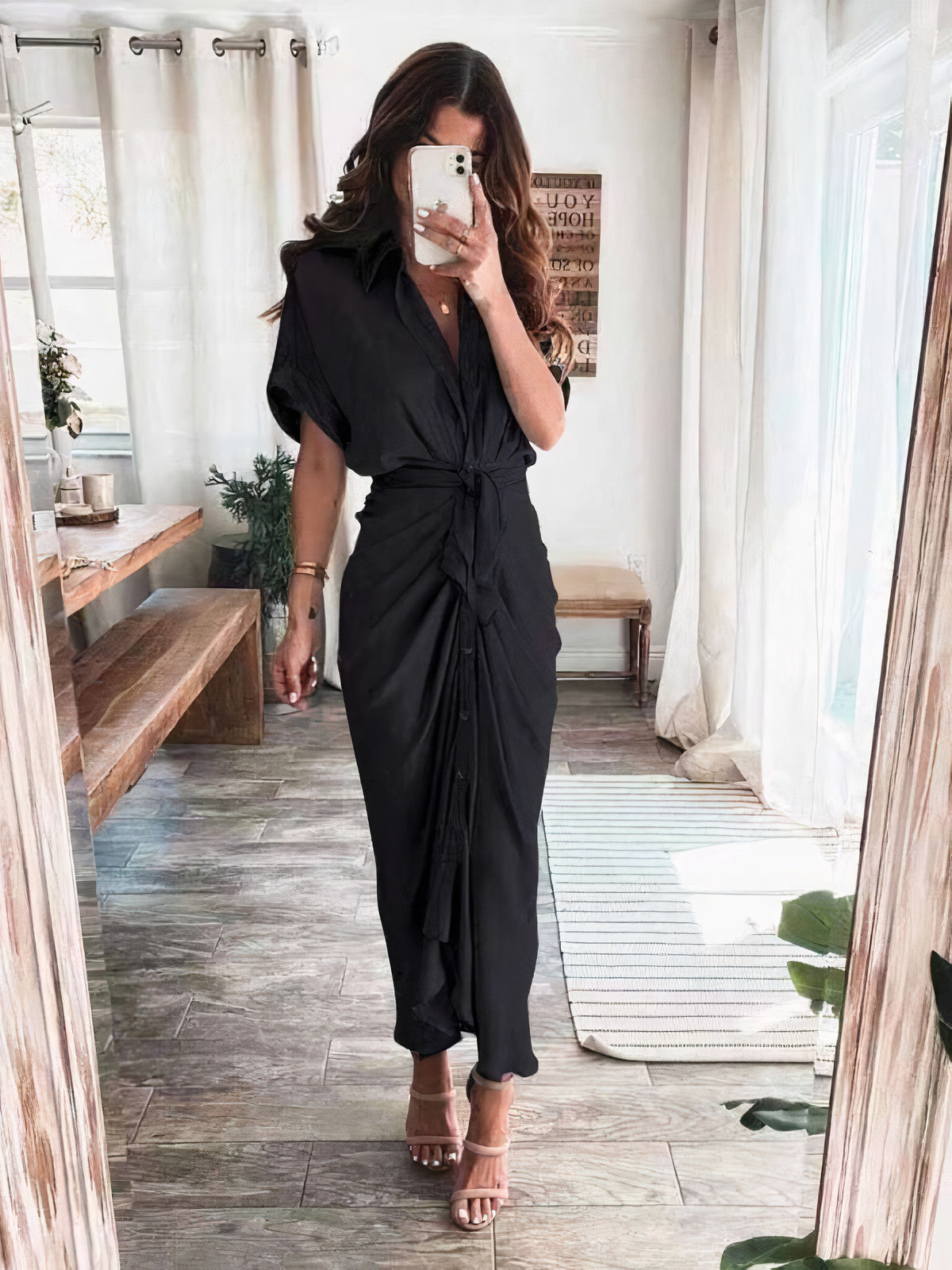 Satin Collared Short Sleeve Tie Waist Button Front Maxi Shirt Dress