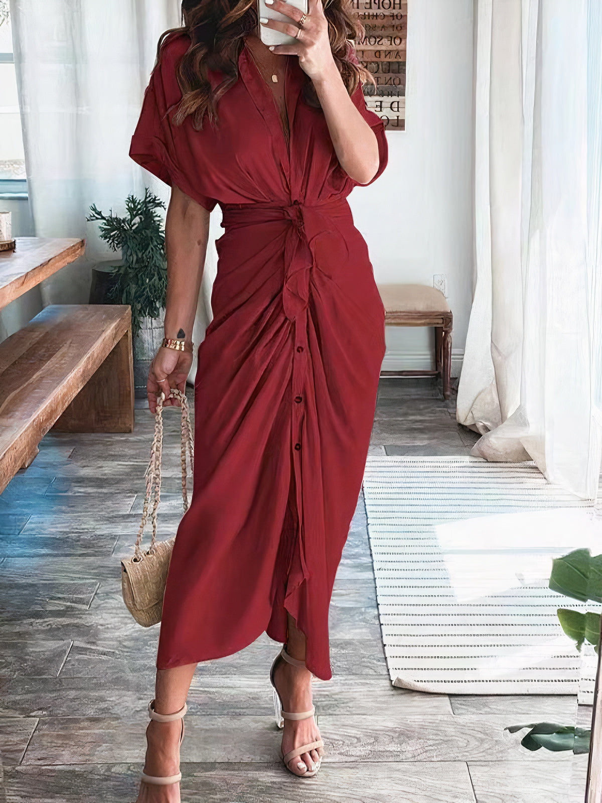 Satin Collared Short Sleeve Tie Waist Button Front Maxi Shirt Dress
