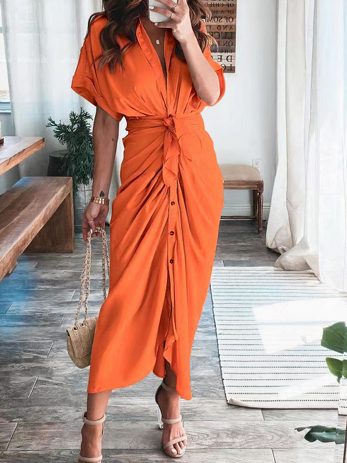 Satin Collared Short Sleeve Tie Waist Button Front Maxi Shirt Dress