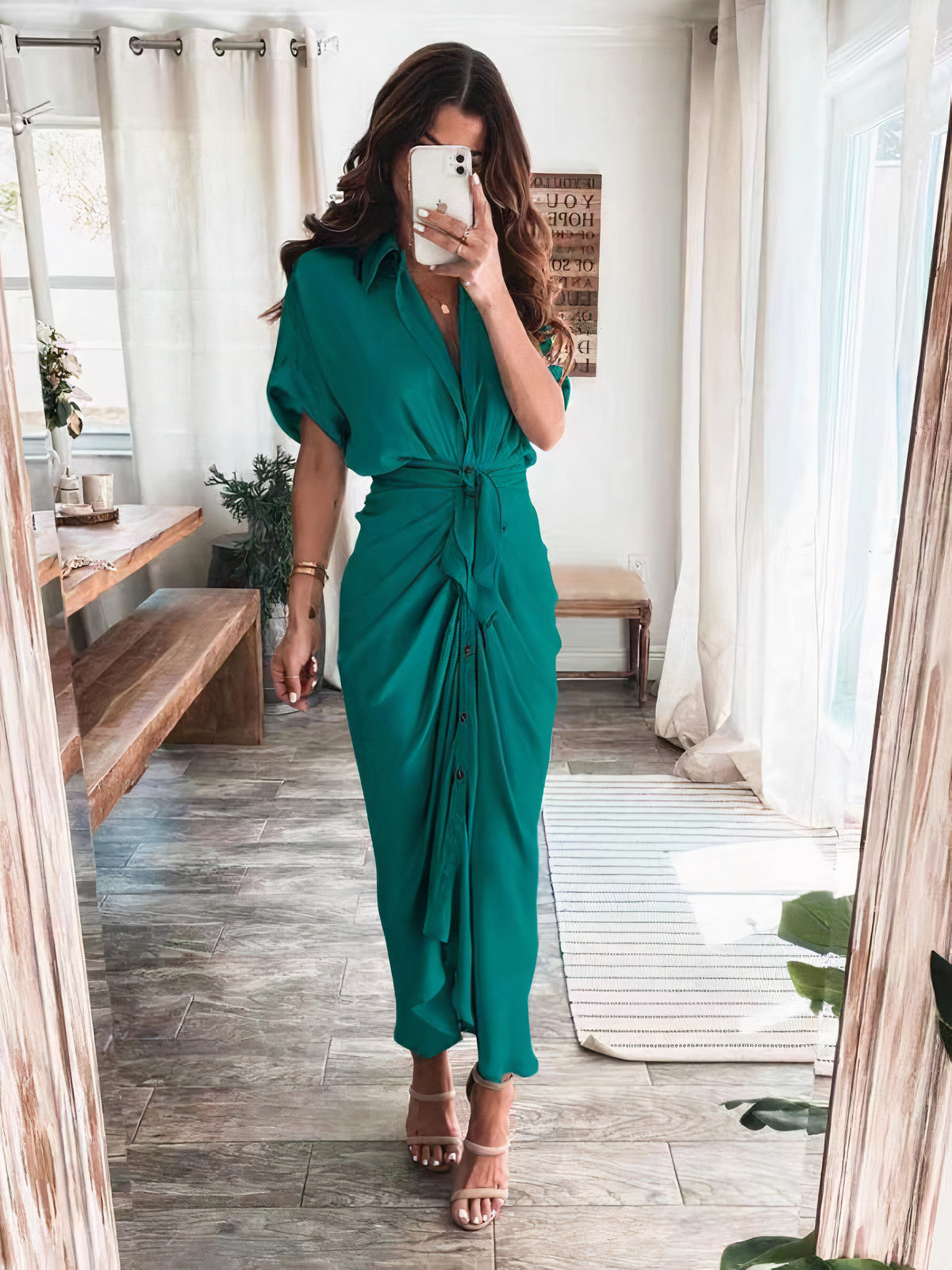 Satin Collared Short Sleeve Tie Waist Button Front Maxi Shirt Dress