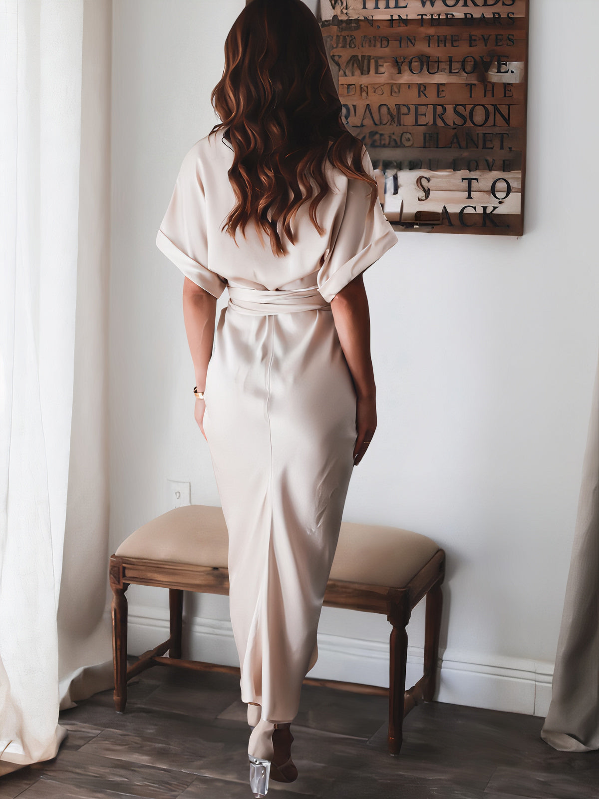 Satin Collared Short Sleeve Tie Waist Button Front Maxi Shirt Dress