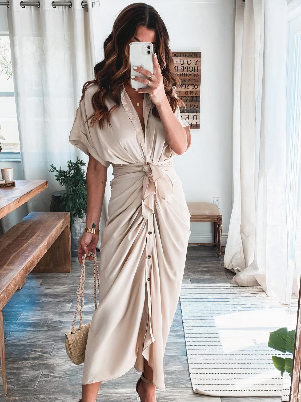 Satin Collared Short Sleeve Tie Waist Button Front Maxi Shirt Dress