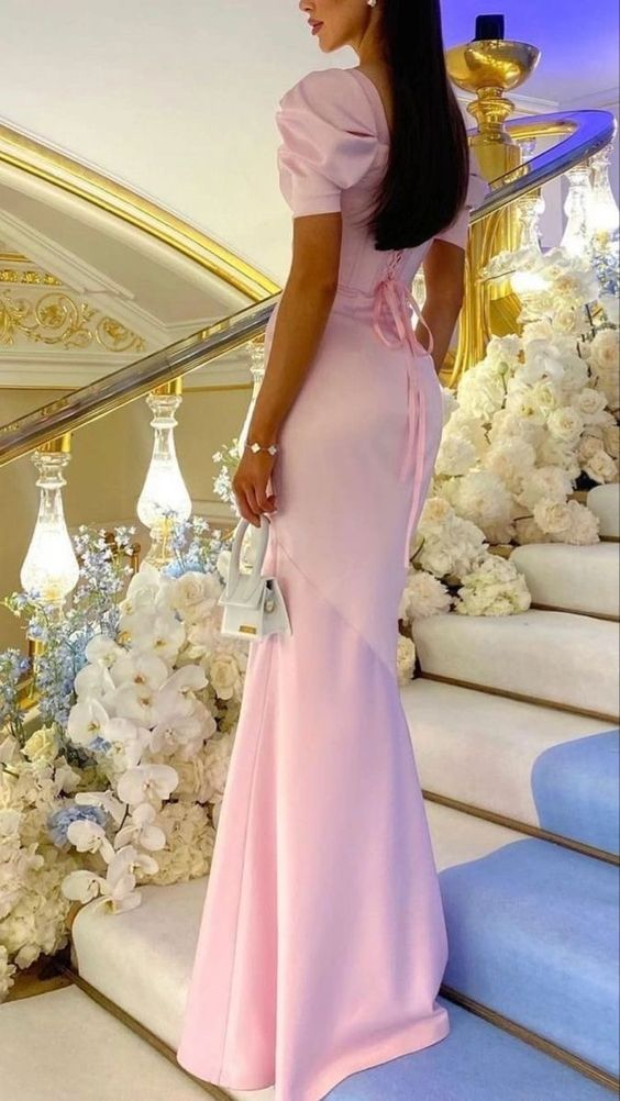 Pink Prom Dresses Women Short Sleeve Formal Party Evening Gown cc930