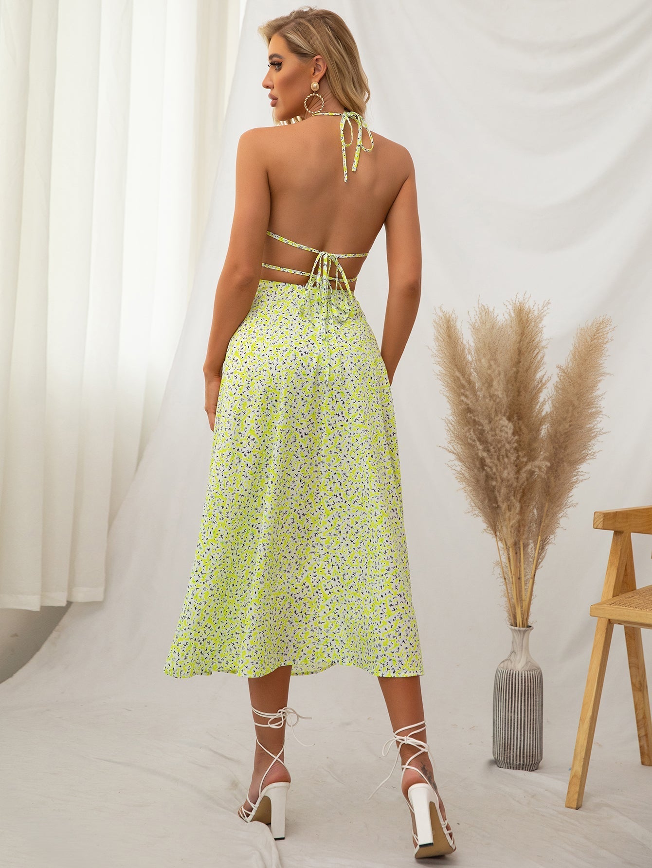 Halter Floral Backless Midi Dress