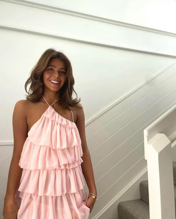 Pink Sleeveless Layered Long Prom Dress,Pink Evening Dress cc1320