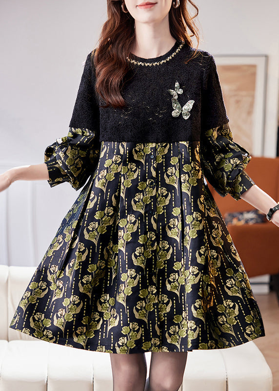 Butterfly Applique Balloon Cuff Sleeve Button Front Pleated Midi Dress