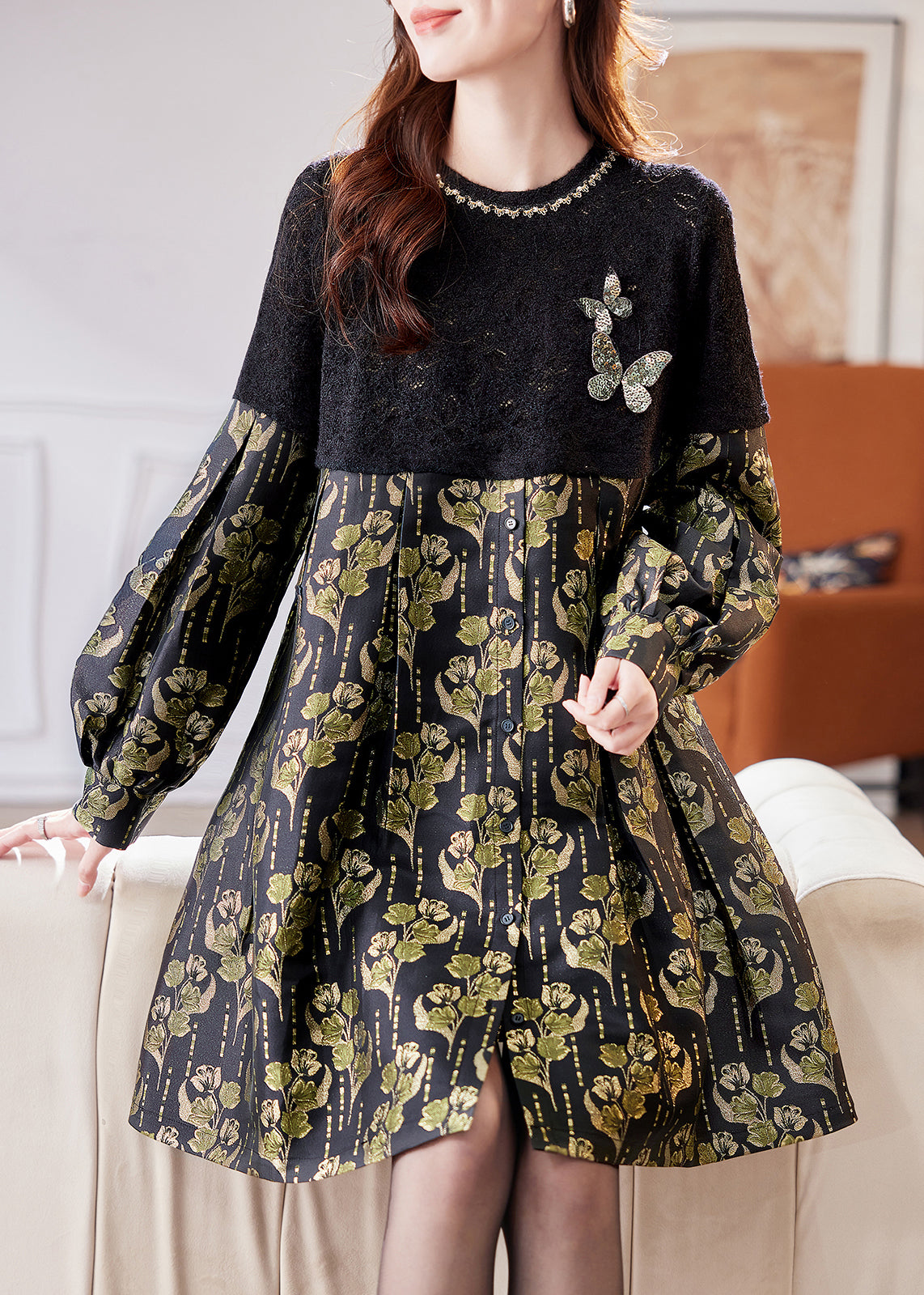Butterfly Applique Balloon Cuff Sleeve Button Front Pleated Midi Dress