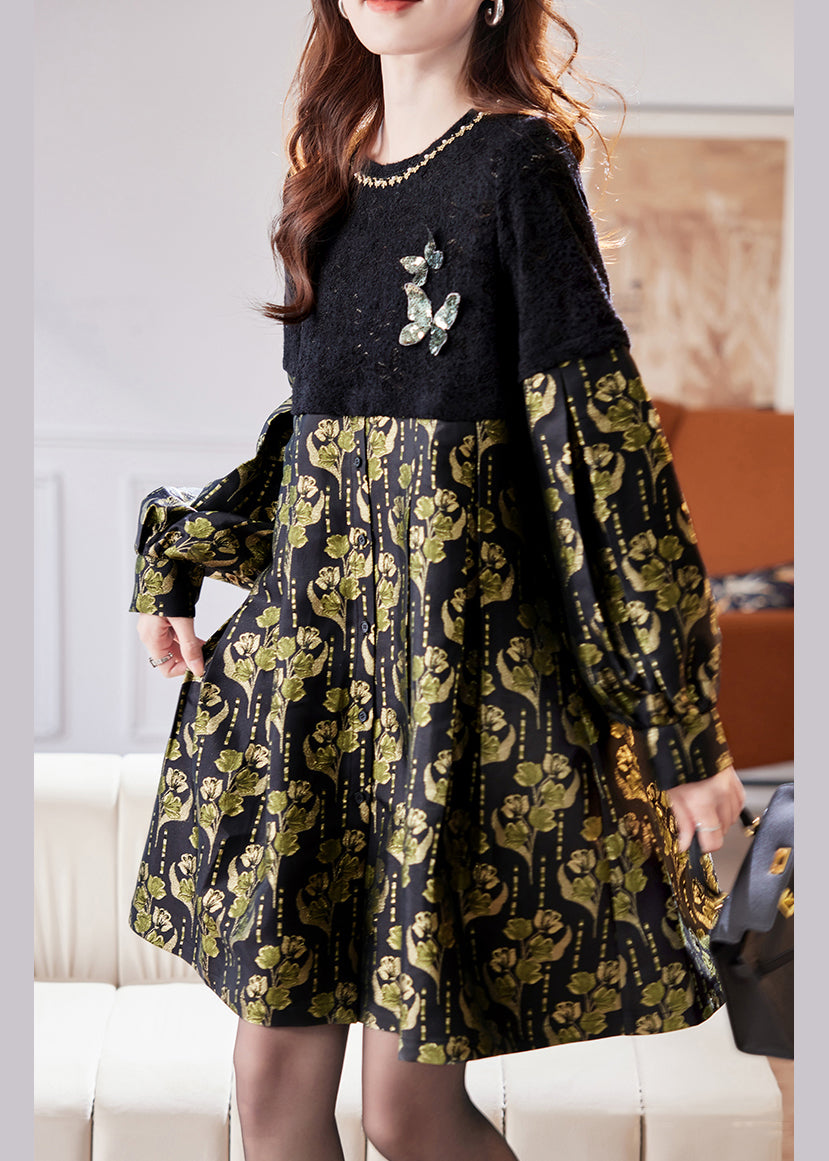Butterfly Applique Balloon Cuff Sleeve Button Front Pleated Midi Dress